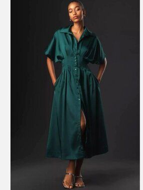 Anthropologie The Tobie Satin Shirt Dress by Exquise Rainforest Green Size L NWT